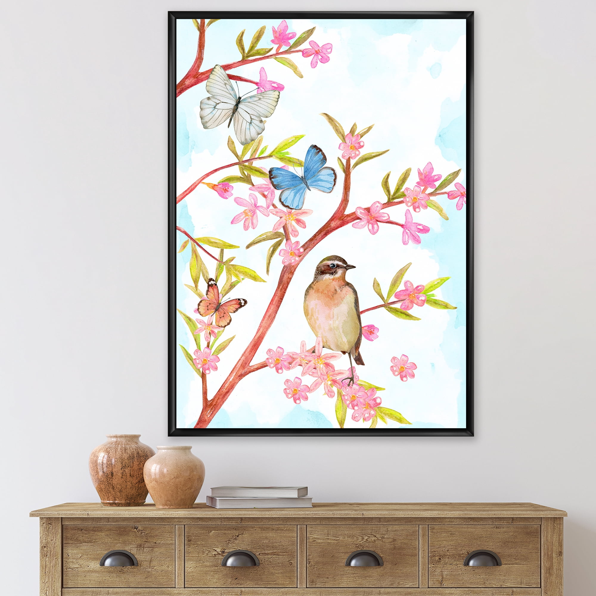 Designart 'Clever Bird Sitting On Branch of A Spring Tree With Butterflies' Traditional Framed Canvas Wall Art Print