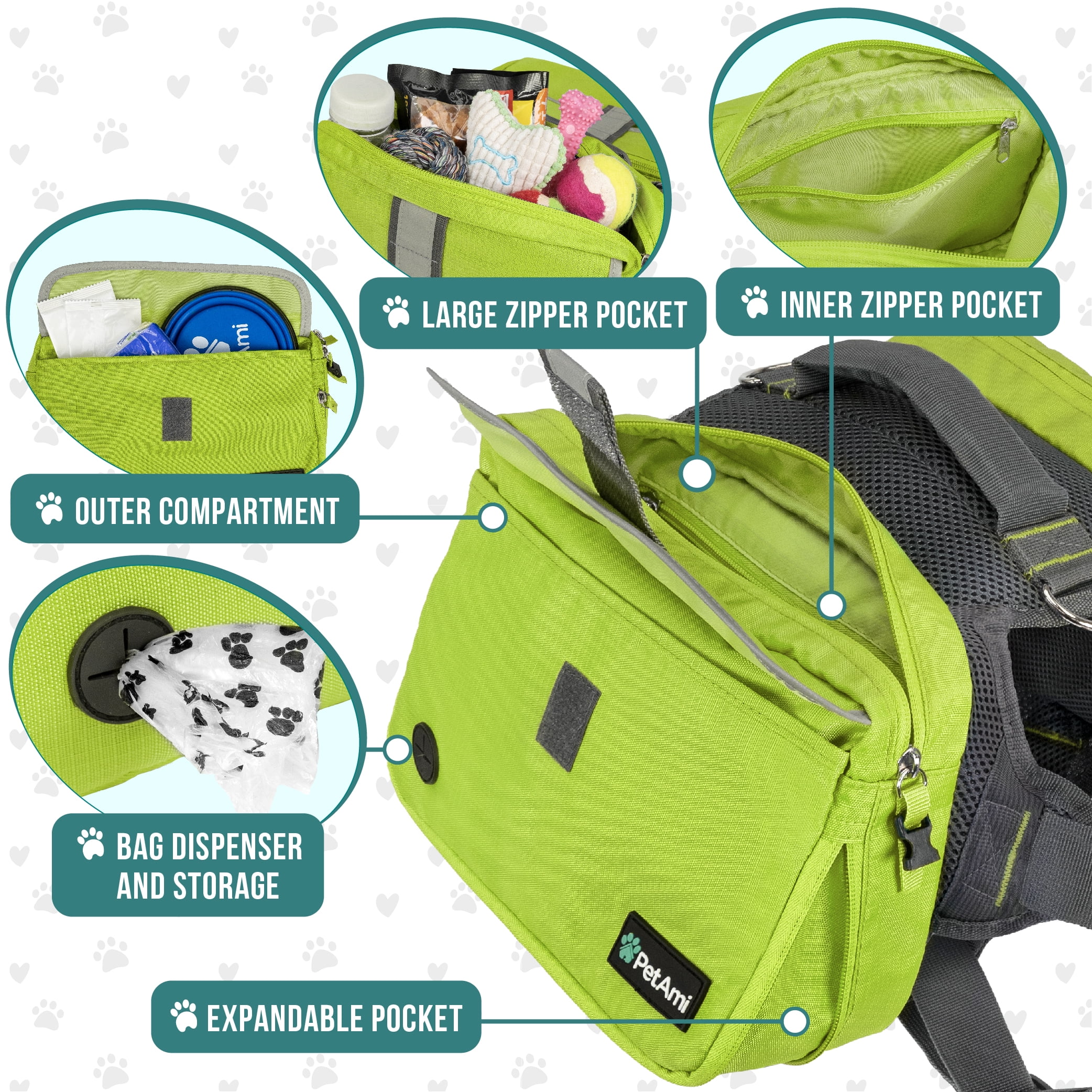 PetAmi Dog Backpack Saddle Bag for Medium Large Dogs, Saddlebag for Dogs to Wear, Harness Saddlebag for Hiking with Reflective Safety Side Pockets, Vest Dog Pack for Camping Travel (Green, Large)