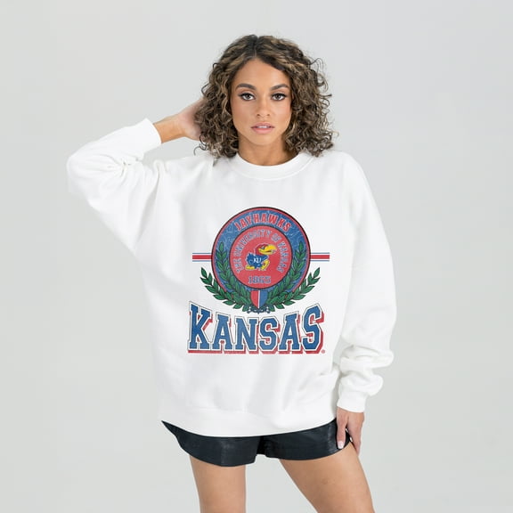 Women's Gameday Couture White Kansas Jayhawks Hot Shot Fleece Pullover Sweatshirt