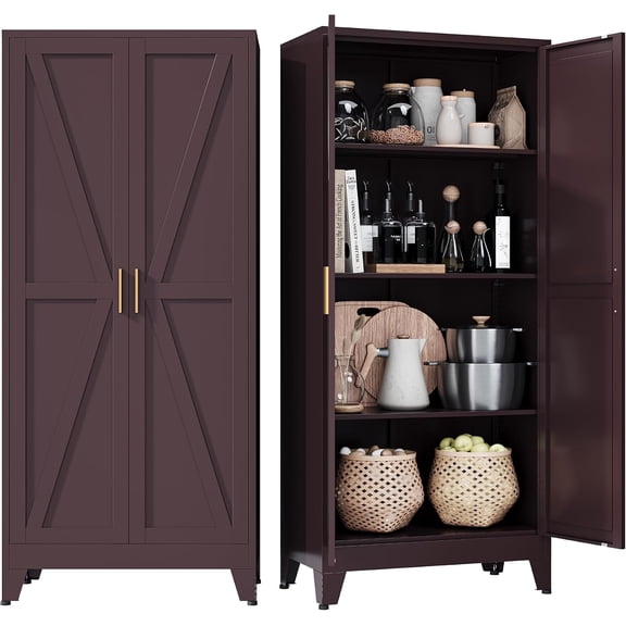Metal Pantry Cabinet, Cherry Red Kitchen Storage Cabinets with 2 Barn Door | 3 Adjustable Shelves and Legs, Freestanding Cupboard for Dining Room/Bathroom/Living Room/Office (61" Farmhouse)