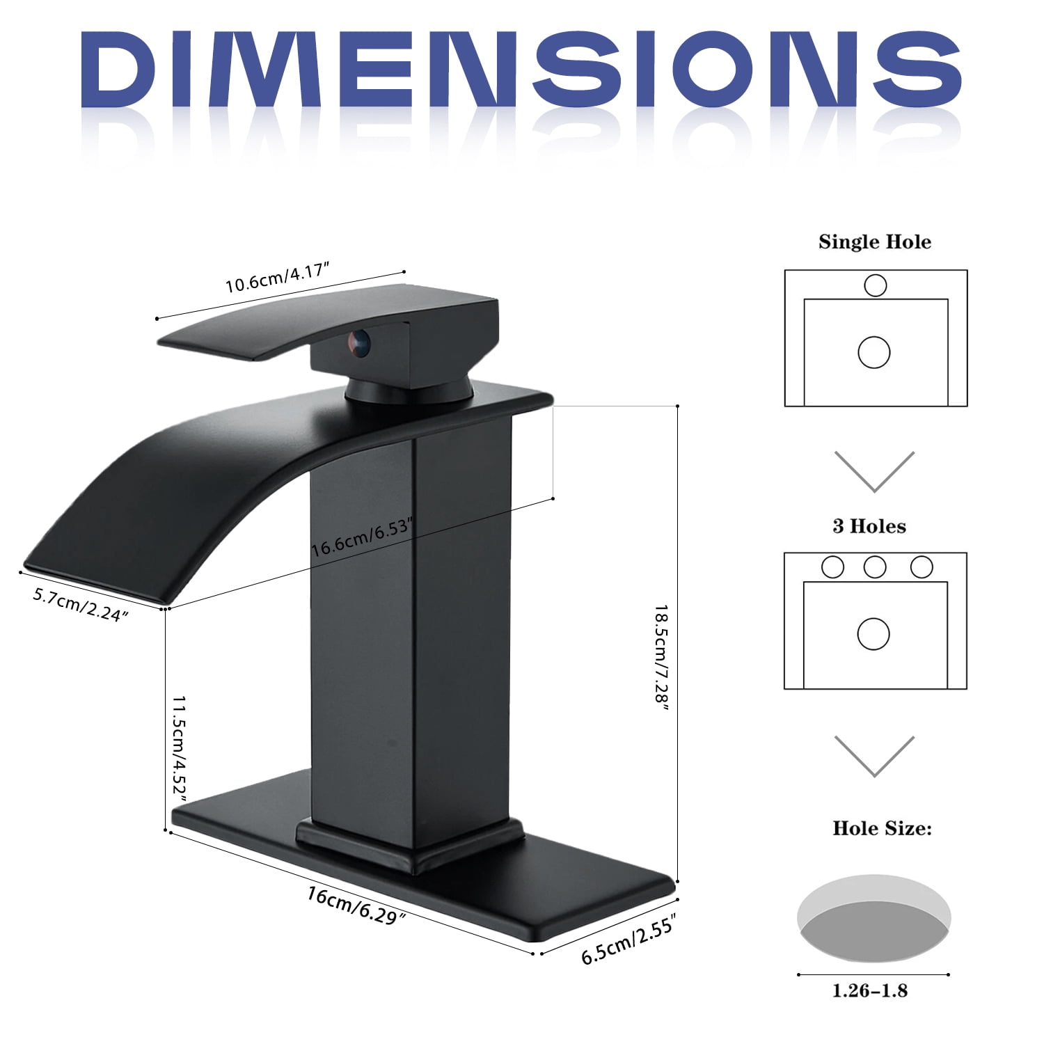 Bathroom Sink Faucet Waterfall Spout Hold & Cold Mixer Tap Single Handle Modern Lavatory Vanity Sink Faucet with Hose Deck Plate for 1 or 3 Holes, Matte Black