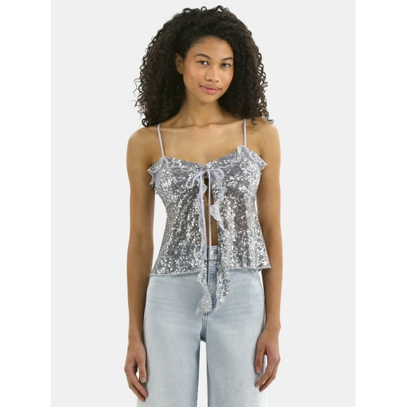 No Boundaries Sequin Ruffle Tie Front Cami, Women's