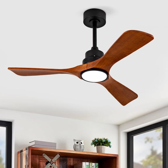 Eowynic 42 Inch Modern Black Ceiling Fans with Lights, 3 Solid Wood Blades, DC Motor, 6-Speed, Led Light