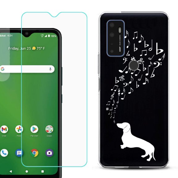 Slim-Fit Gel TPU Phone Case for Cricket Dream 5G, with Tempered Glass Screen Protector, by OneToughShield ® - Dachshund/Puppy Music