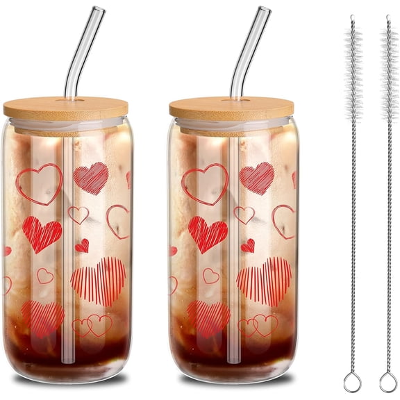2 Sets Red Hearts Glass Cups, 16 oz Valentine's Day Tumbler Glasses with Bamboo Lids and Straws Iced Coffee Clear Glass Drinking Cups for Galentines Party Couple Lover Birthday Gifts