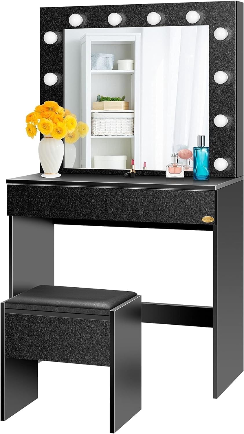 SPECSTAR Makeup Vanity Set with 12 Light Bulbs, Makeup Dressing Table with Lighted Mirror and Large Drawer, Black