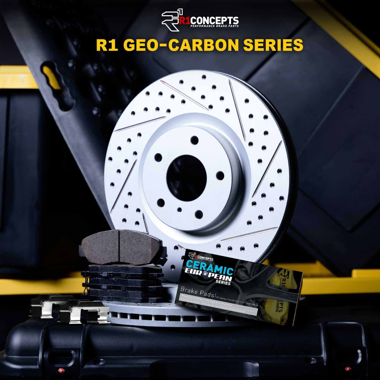 R1 Concepts Drilled and Slotted Carbon Coated Disc Brake Rotor Set with Euro Ceramic Pads and Hardware WBTH1-73127