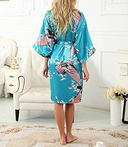 Yying Girls Satin Kimono Robe Peacock and Blossoms Bathrobes Dressing Gown for SPA Wedding Birthday 