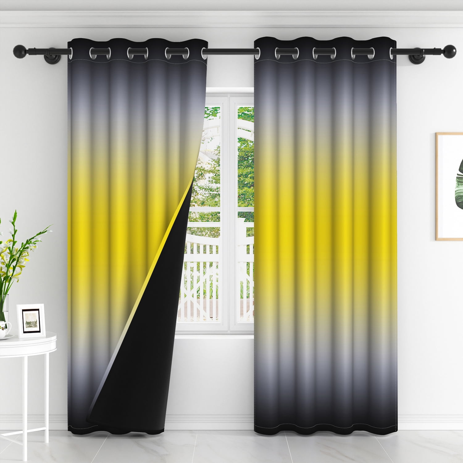Lfeey Living Room Blackout Curtains, Black Yellow Gradient Color Bedroom Decorative Privacy Curtains Drapes, 42x72 Inches, 2 Panels