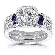 Round-cut Moissanite Bridal Set with Diamond & Sapphire 2 CTW 14k White Gold