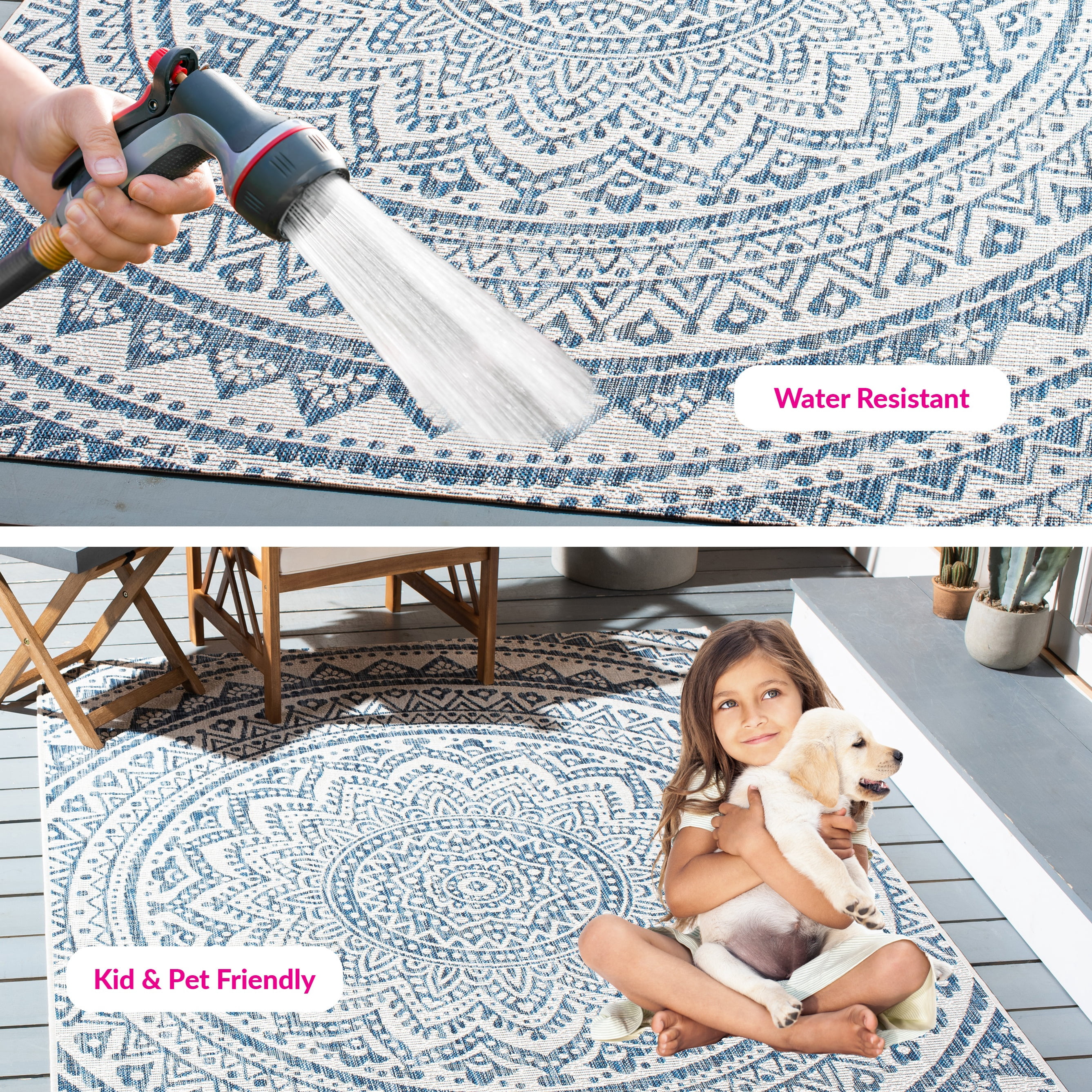 SAFAVIEH Courtyard Josiah Floral Medallion Indoor/Outdoor Area Rug, Ivory/Navy, 7'10" x 7'10" Square