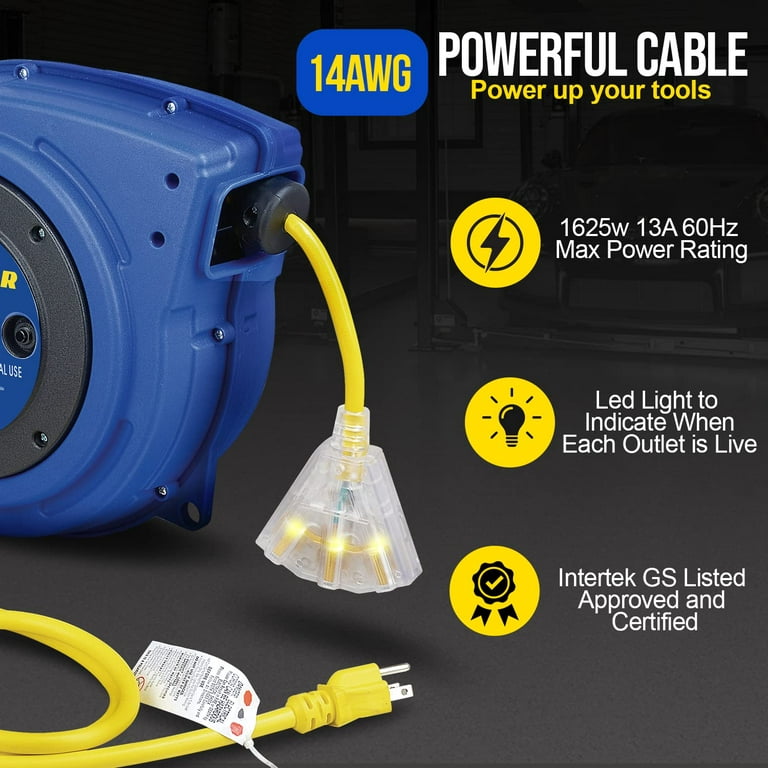 Goodyear Extension Cord Reel, 40 ft., 14AWG/3C SJTOW, Triple Tap with LED  Lighted Connector, Heavy Duty
