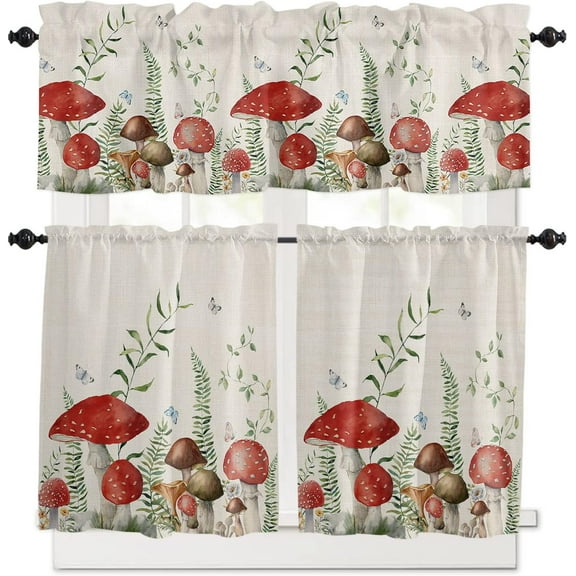 Kitchen Curtains 24 Inch Length, Mushroom Rod Pocket Tier and Valance Set, Green Botanical Butterfly Rustic Burlap 54" x 18" - Farmhouse Window Curtains Set for Bedroom/Living Room/Bathroom