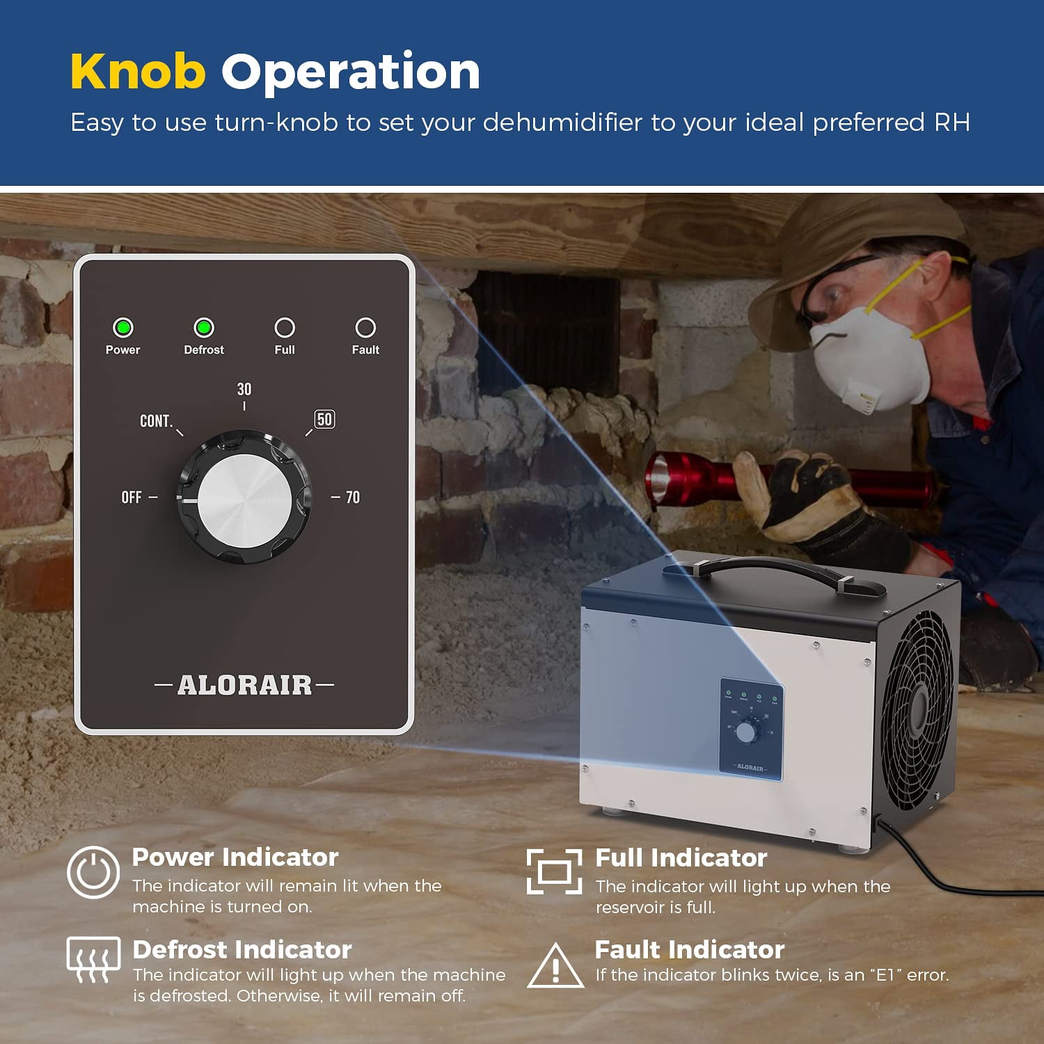 ALORAIR 70 PPD Crawl Space Dehumidifier, Crawlspace Dehumidifiers Commercial Dehu for Home and Basements, Compact, Portable, Auto Defrost, Memory Starting, cETL, 5 Years Warranty