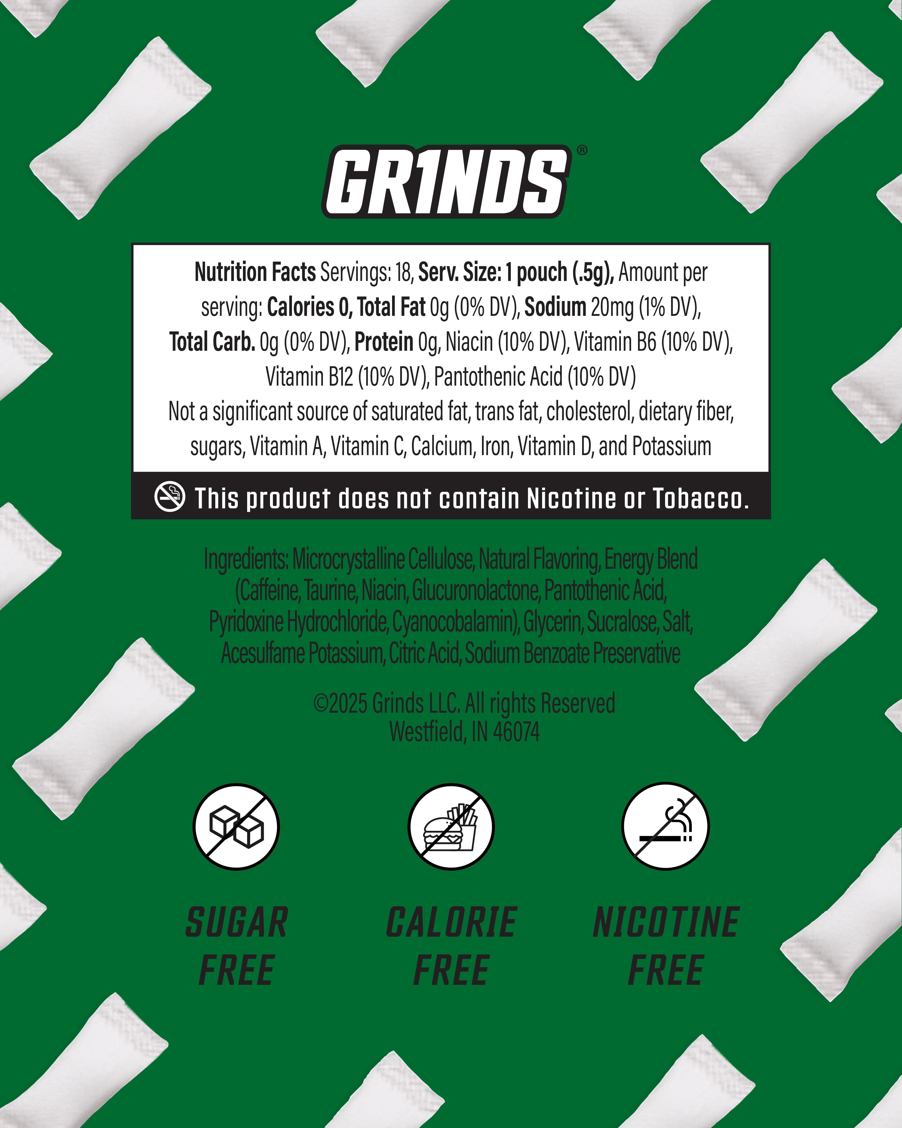 Grinds Energy Pouches, Nicotine-Free, 80mg Caffeine, Wintergreen, 18 Pouches (1 Can)