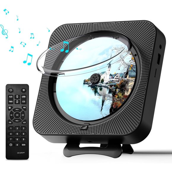 Reproductor de CD portátil y de pared con Bluetooth 5.1, radio FM, altavoces Hi-Fi duales, pantalla LED y mando a distancia