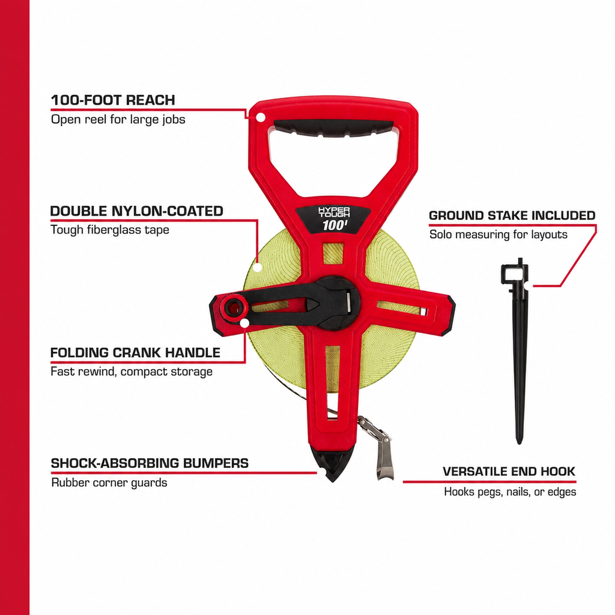 Hyper Tough 100-Foot Fiberglass Tape Measure with Ground Stake photo 6