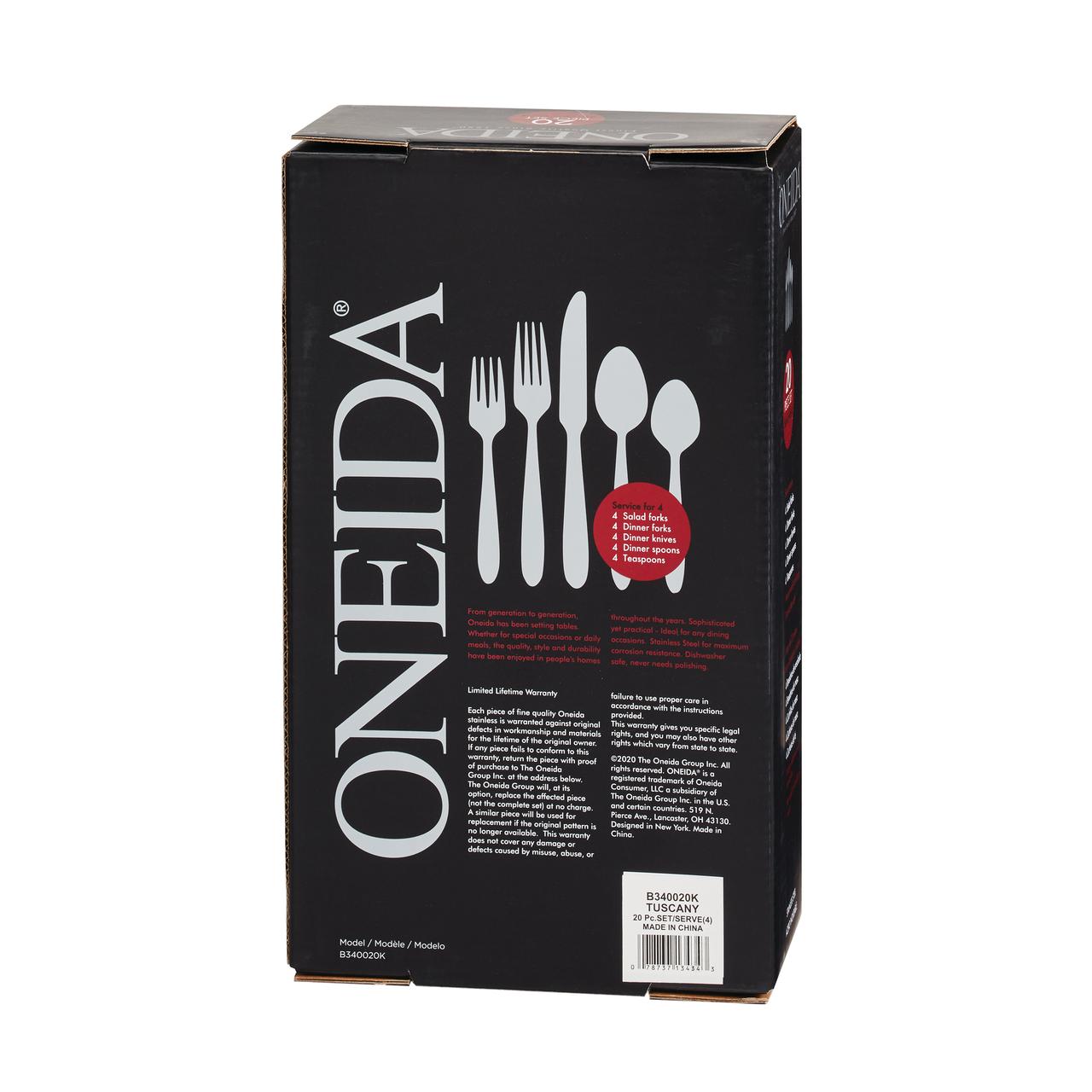 Oneida Set Posate 20 Pezzi Butler In Acciaio Inox 18/10, Design Classico Per 4 Persone, Coltelli Forchette Cucchiai, Finitura Lucida