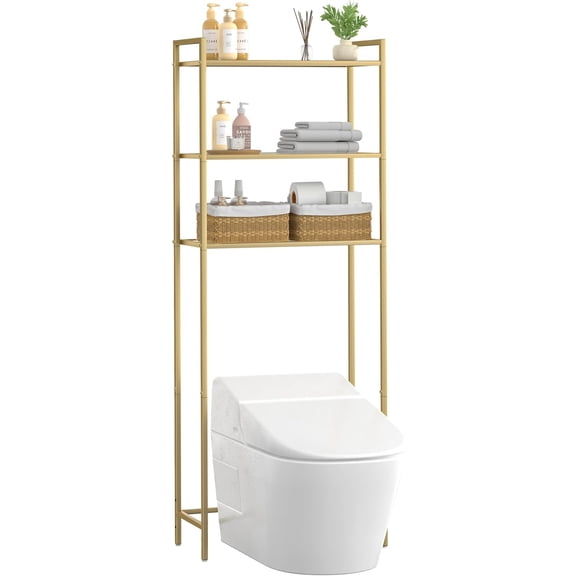 Over The Toilet Storage, Metal 3-Tier Over-The-Toilet Bathroom Organizer Rack, Tempered Glass Shelves, Space-Saving, for Bathroom, Restroom, Laundry, Modern Style, Golden,Bathroom Organizer