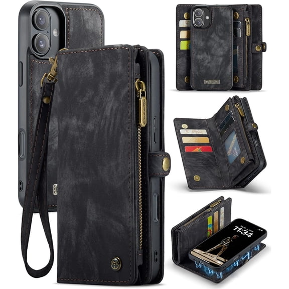 Wallet Case for iPhone 16, Zipper Purse Folio Leather Wallet with Card Holder Wrist Strap Detachable Magnetic Shockproof Protective Back Case for iPhone 16 6.1 inch