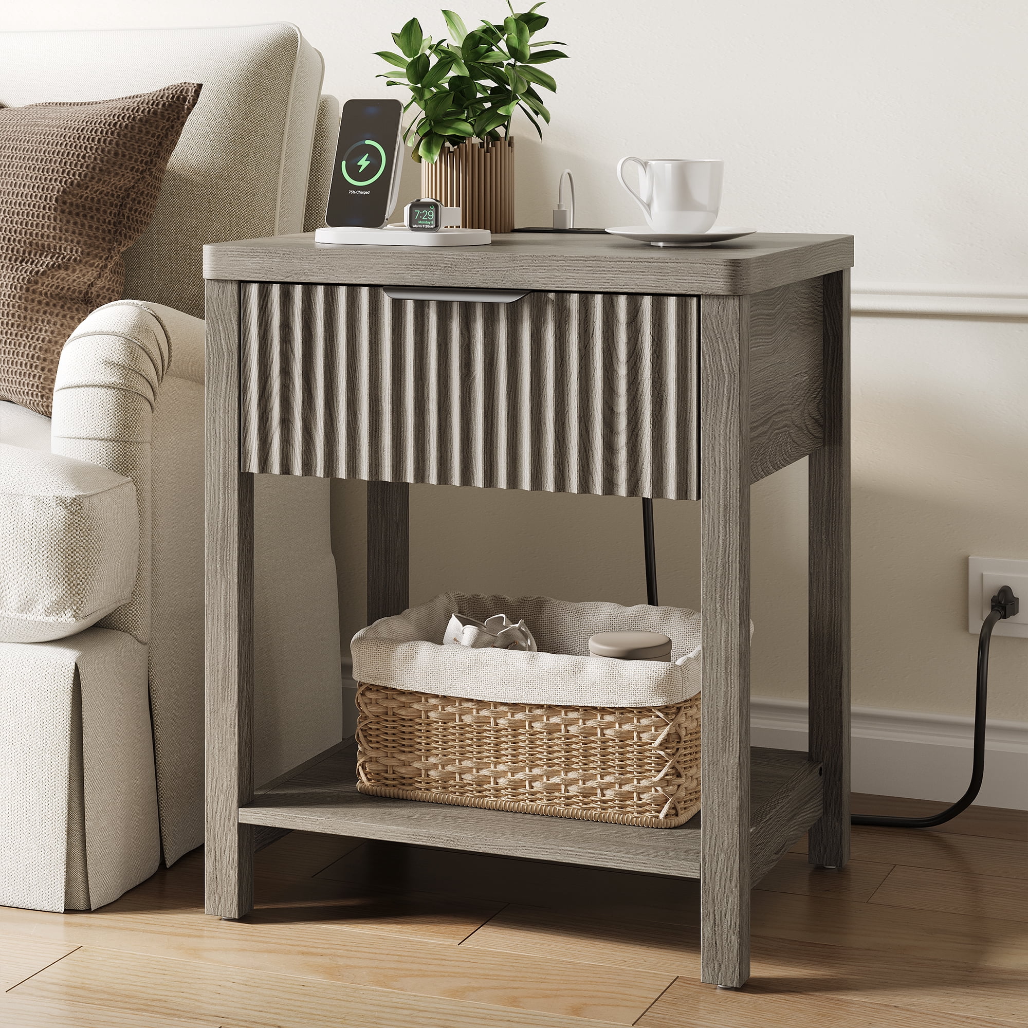 Aufeile Nightstand for Bedroom Set of 2 with Charging Station, Modern Side Table with Drawer & Open Shelf, Fluted End Table with 2 AC Outlets, USB & Type-C, Dark Gray
