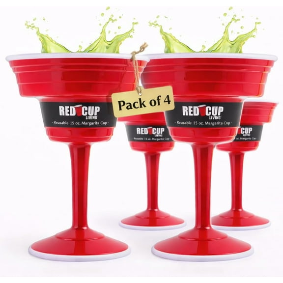 Red Cup Living 15 Oz Margarita Glass with Stem| Large tumbler Style Taquila Glass, BPA Free Wine Martini Cup, Dishwasher Safe | Perfect for Patio Parties, Christmas Celebration Gifts, Pack of 4