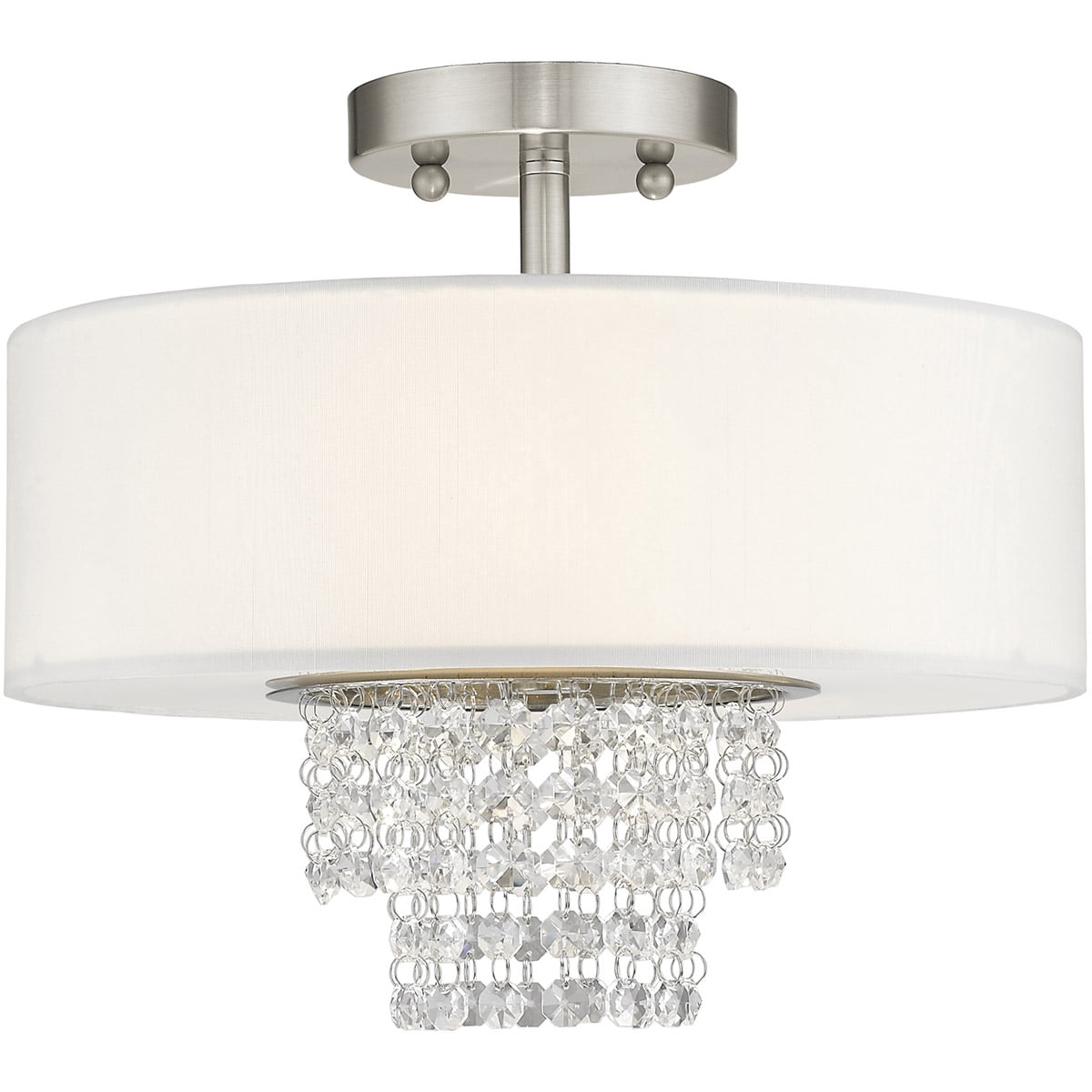 2 Light Brushed Nickel Ceiling Light fixture with Clear Crystals/ Hand Crafted Off-White Fabric Hardback Shade