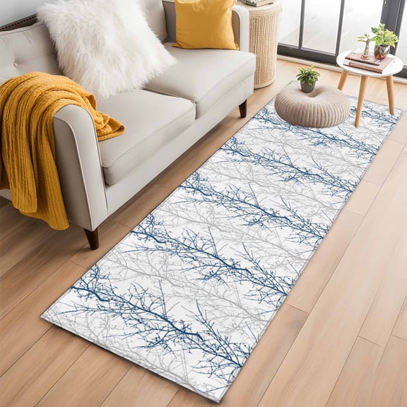 Hallway Runner Rug 2'x6',Navy Blue Grey Branch Long Non-slip Runner Rugs,Spring Summer Pastoral Botanical Washable Outdoor Indoor Throw Floor Carpet Mat for Living Room/Bedroom/Kitchen/Office/Laundry