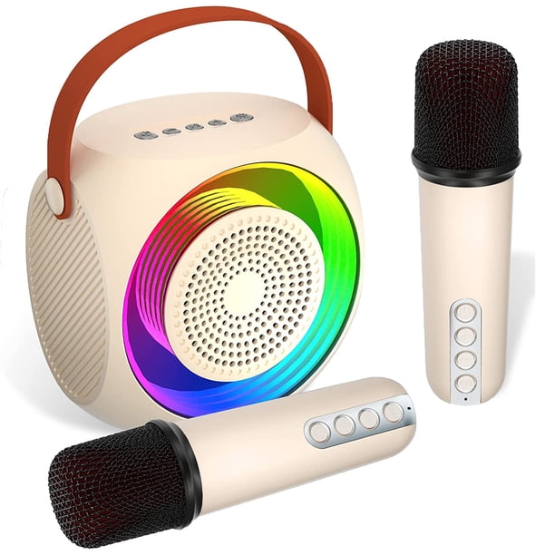 Mini máquina de karaoke, altavoz Bluetooth portátil con 2 micrófonos inalámbricos, apto para niños y adultos, con luces LED