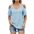 thumbnail image 2 of Fanxing Cold Shoulder Tops for Women Cutout Eyelet Blouses Short Sleeve T Shirts 2025 Summer Trendy Ruffle Sleeve Tunics Tees Shirt Sky Blue,XL, 2 of 8