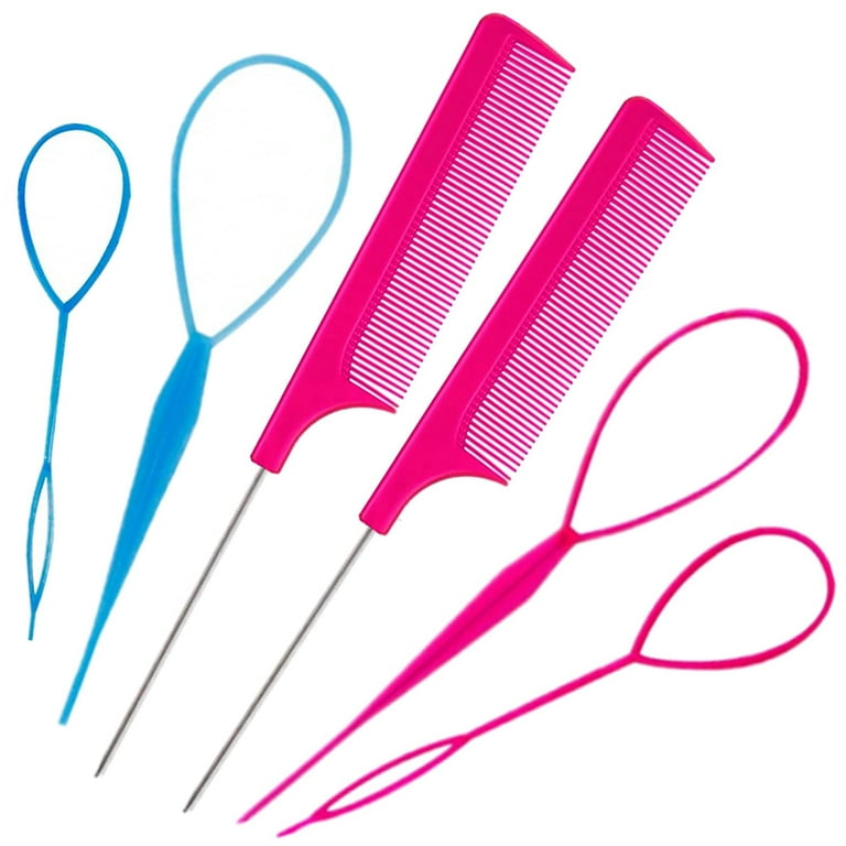 6Pcs Hair Loop Styling Tool Set with 4 Topsy Tail Hair Tools French Braid  Tool Loop (Pink, Blue) And 2 Metal Stainless Steel Pin Rat Tail Comb  ,Carbon Fiber Heat Resistant Teasing