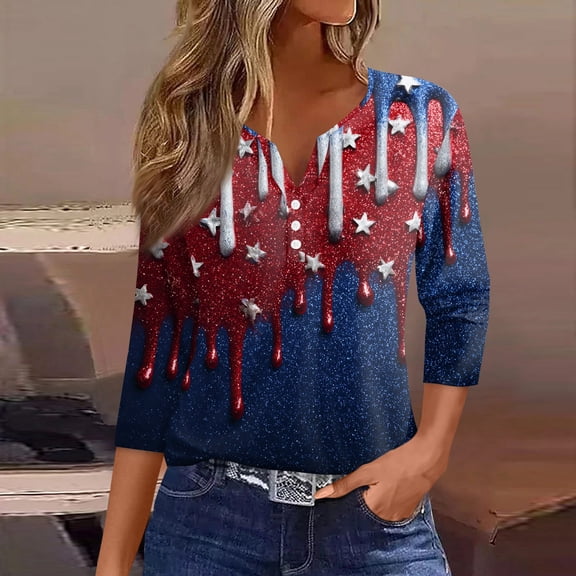 IYYVV 4th Of July Shirt for Women Henley V-Neck Button Down 3/4 Length Sleeve Tops American Flag Print T Shirt Dark Blue S