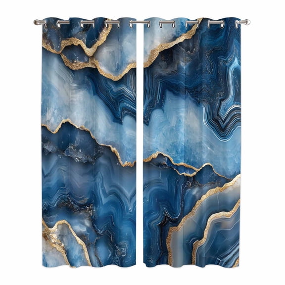 Blue Marble Kitchen Curtains 84 Inch Length, Contemporary Abstract Golden Foil Texture Grommet Top Bedroom Living Room Curtains, Light Filtering Cafe Curtain Drapes 2 Panels Set 84''x84''