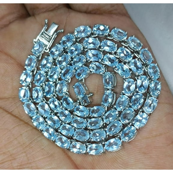 Blue Topaz Tennis Necklace in Sterling Silver. December Birthstone Necklace. Gemstone Tennis Necklace. Women Tennis Necklace.