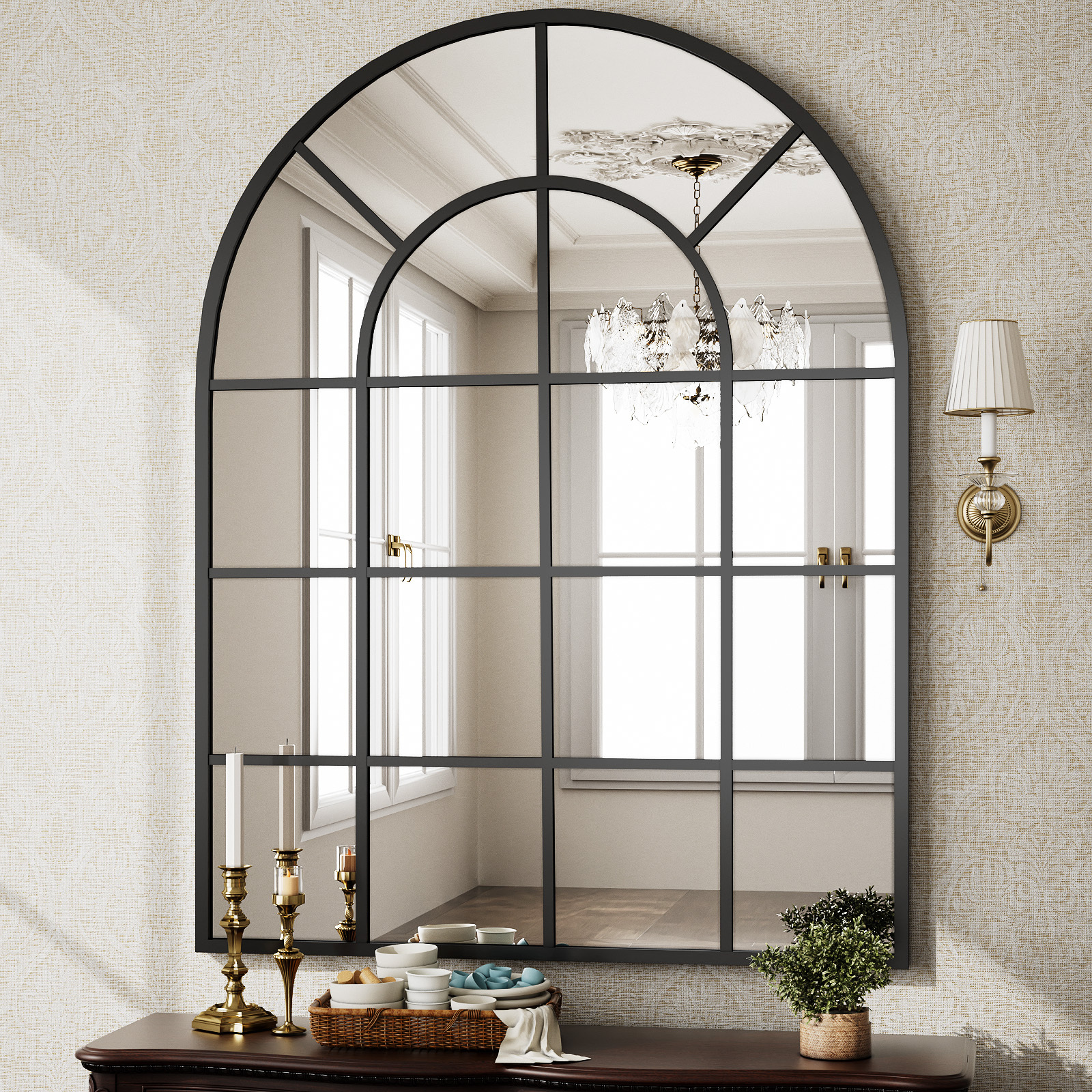 Beautypeak 30" x 40" Arched Windowpane Wall Mirror, Black photo 8