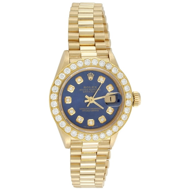 Rolex 18K Gold 26mm President DateJust 69178 Diamond Watch Blue Dial 1.38  CT. - PreOwned - Walmart.com