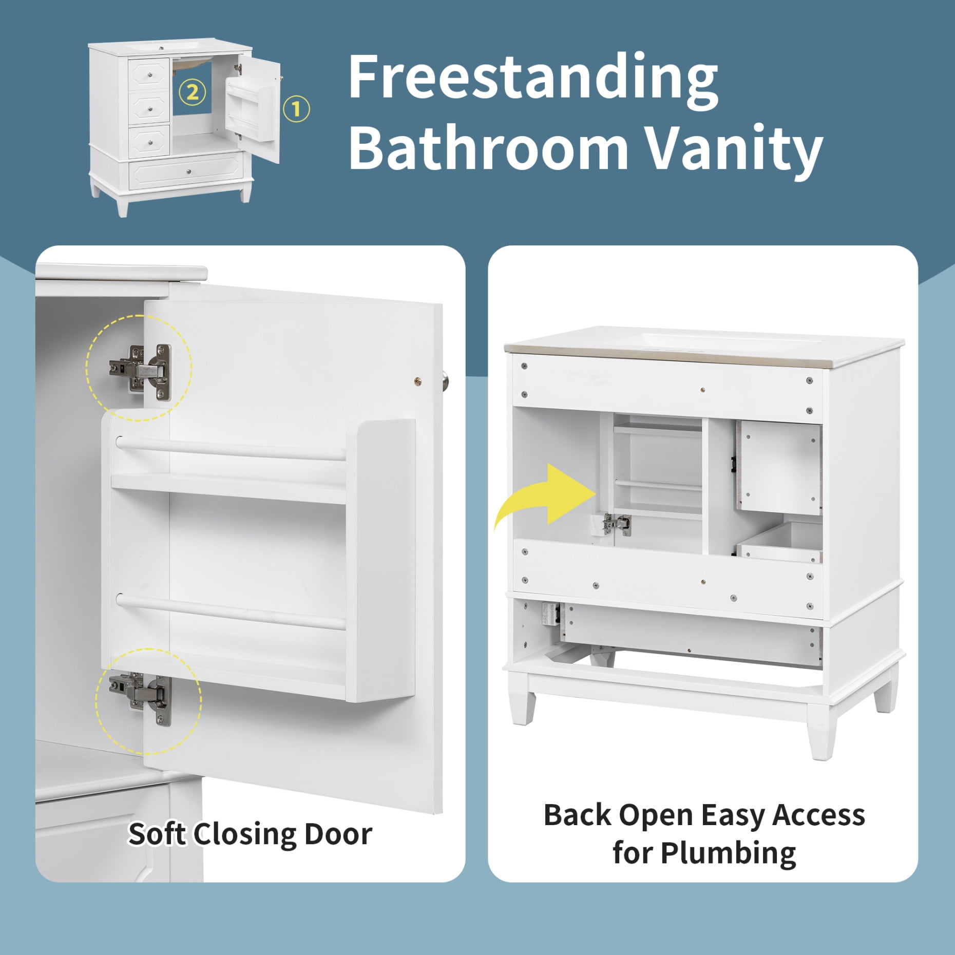30" Bathroom Vanity with Ceramic Sink ,Soft-Close Door and 3 Drawers, Freestanding Vanity Cabinet with Storage Shelves,Solid Wood Frame Vanity for Bathroom, White