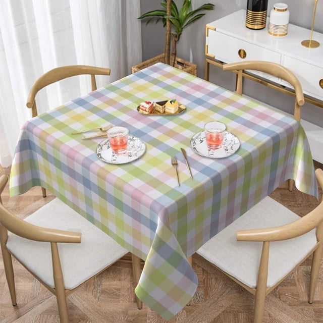 Spring Easter Square Tablecloth - 52x52" Pink Green Plaid, Washable Wrinkle-Free Waterproof Fabric for Indoor/Outdoor Use