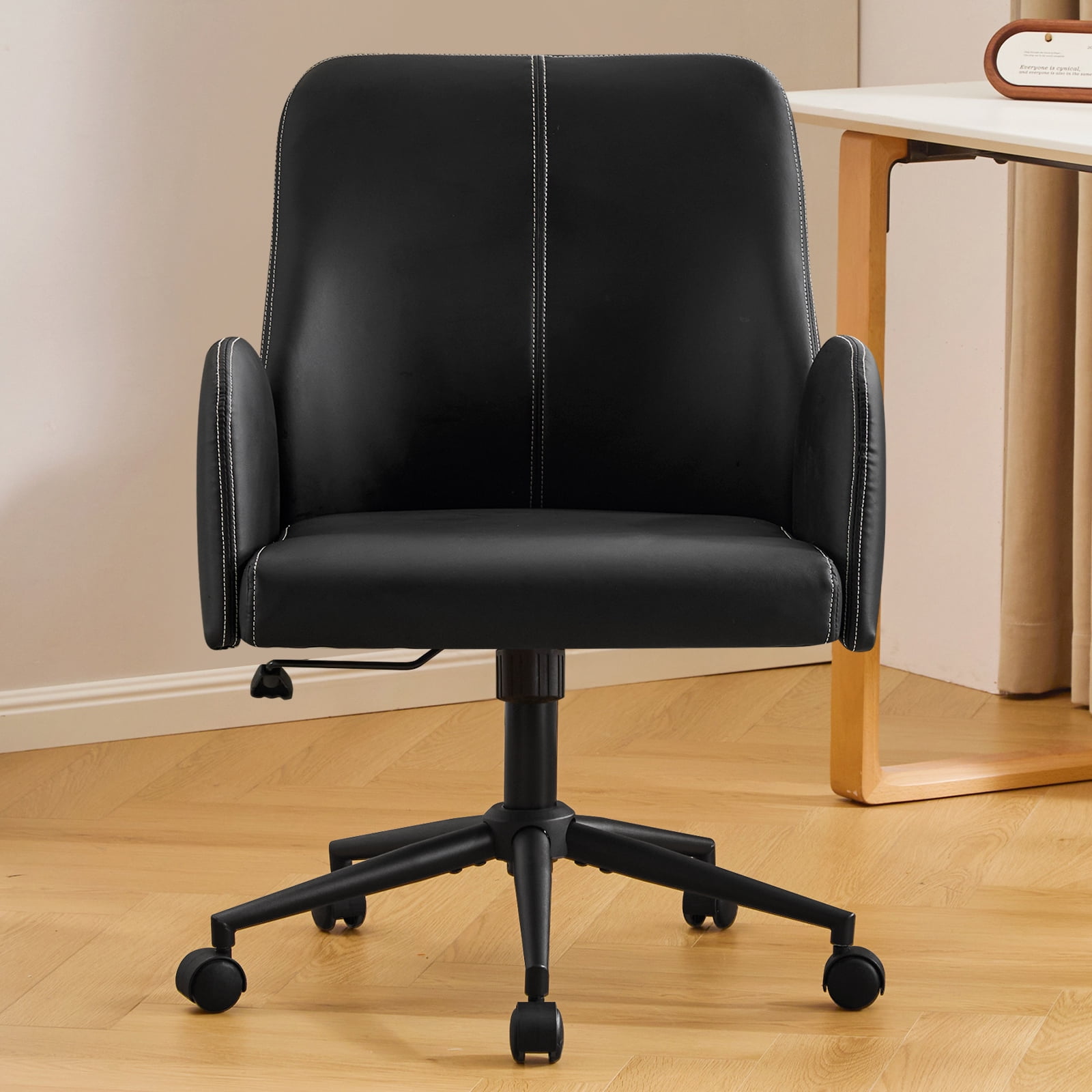 Modern Home Office Desk Chair, Faux Leather Ergonomic Desk Chair with Adjustable Height, Rolling Swivel Computer Chair, Mid-Back Armchair Task Chair for Office, Study Room, Beige