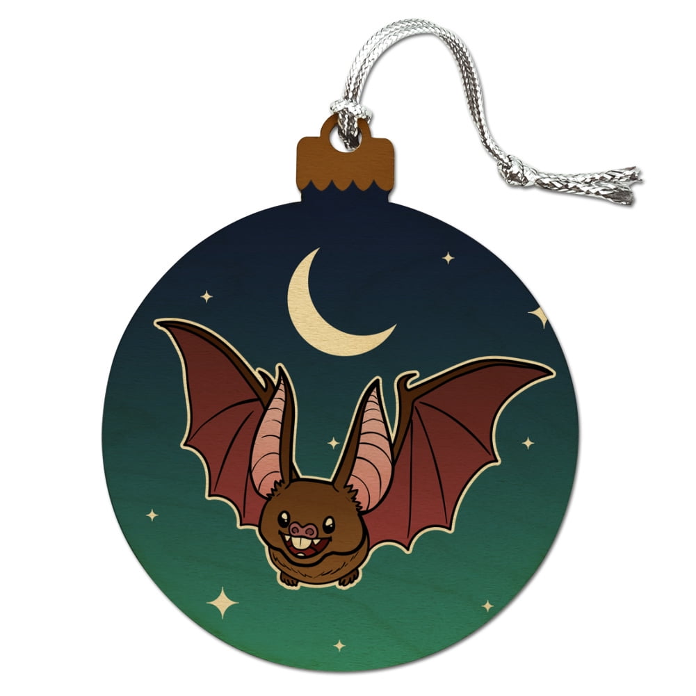 Cute Bat Cartoon Flying at Night Wood Christmas Tree Holiday Ornament