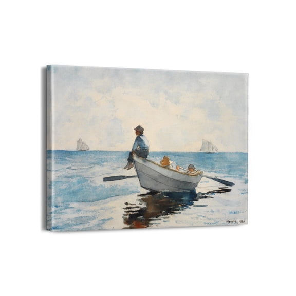 Canvas Wall Art - Boys in a Dory by Winslow Homer Classic Artwork Picture Print with Wooden Framed Famous Watercolor Painting Hang for Home Office Bedroom Living Room Wall Decor-16" X12"