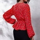 thumbnail image 4 of Imprimir V cuello Wrap Top linterna manga larga volante dobladillo mujeres impresión Floral Wrap blusa para mujer pequeño ramo de flores sobre fondo rojo M, 4 of 6