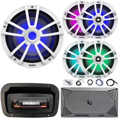 JVC KD-X38MBS Single-DIN Marine Bluetooth USB/AUX LED AM/FM Stereo SiriusXM Ready Receiver W/Spa Bezel + Adapter Plate 4x 6.5 225W Max Speakers 10 750W Peak Subwoofer Amplifier W/Kit Antenna