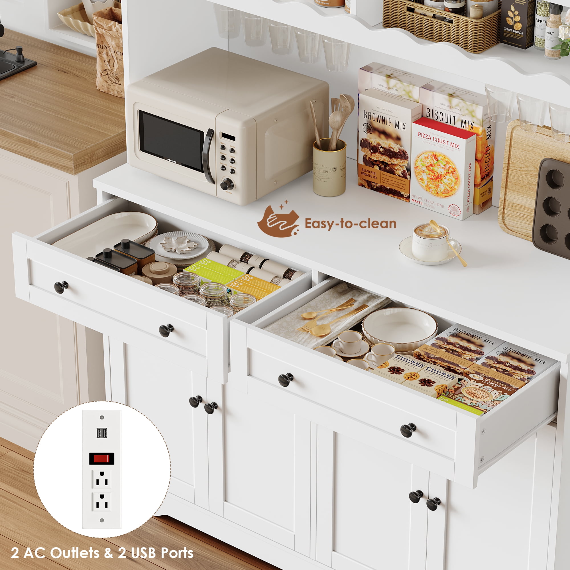 Hiphuta 75"Tall Kitchen Pantry Storage Cabinet with Power Outlet, Large Pantry Cabinet with Microwave Stand, Modern Freestanding Cupboard Hutch for Home Dinning Room, White