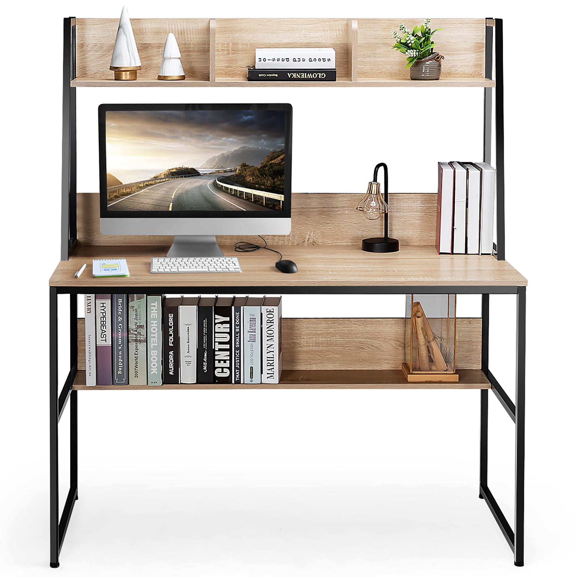 Costway 47'' Computer Desk w/ 3 Storage Cubes & Open Bookcase Home