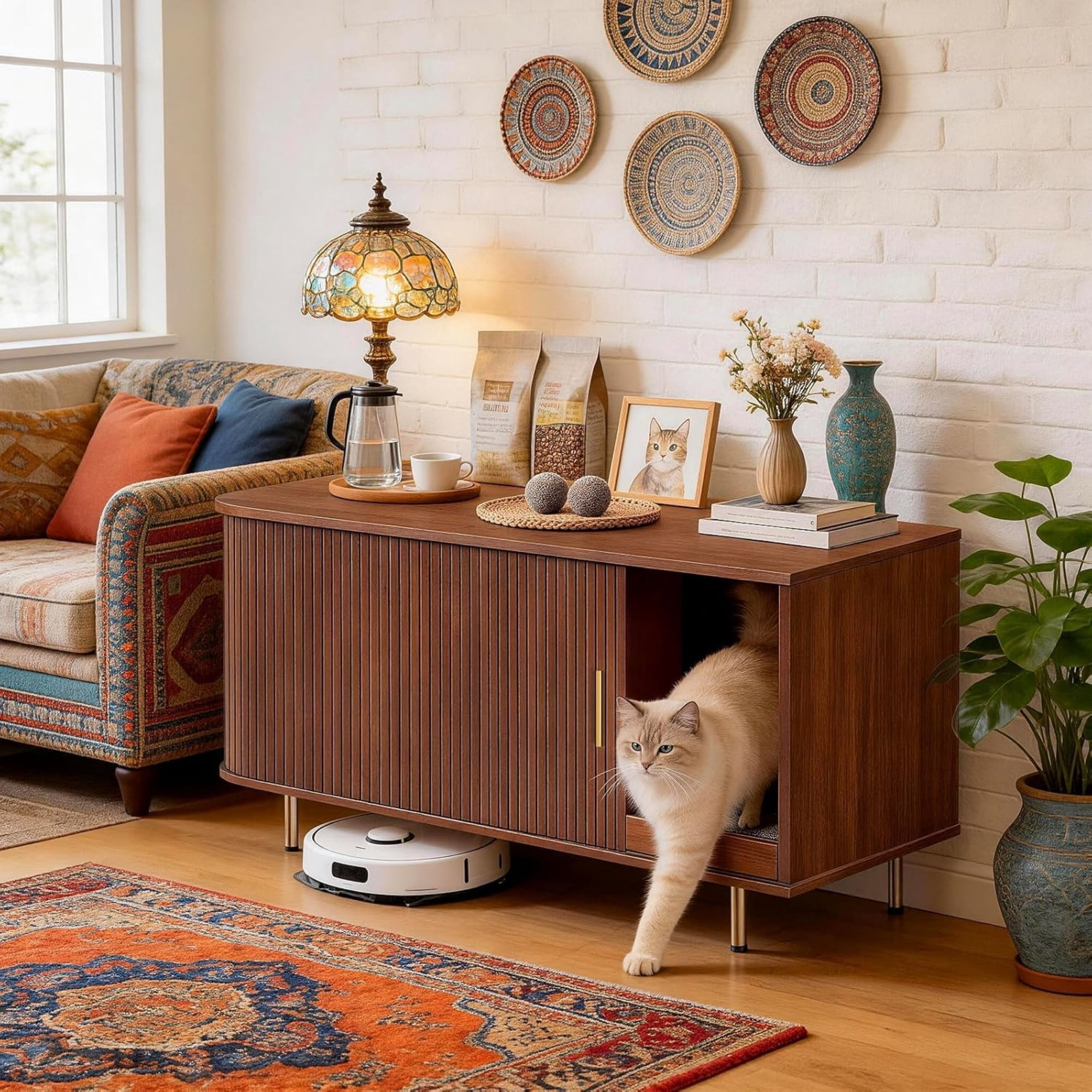 Cat Litter Box Enclosure Furniture with Sliding Door, Hidden Cat House Cabinet with Scratch Pad, Modern TV Stand Side Table, Walnut