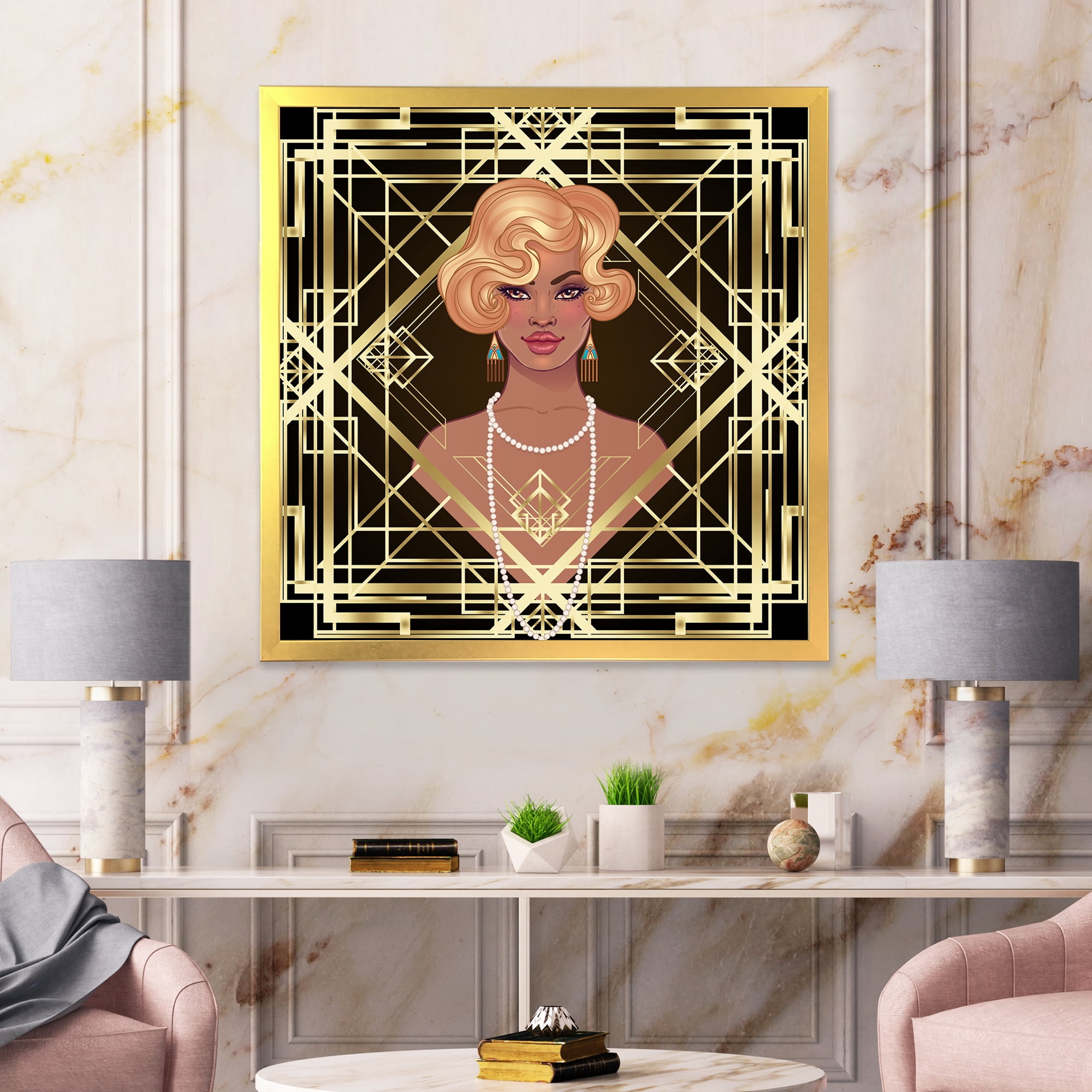 Designart 'Retro Girl In Golden Art Deco Geometrics III' Modern Framed Art Print