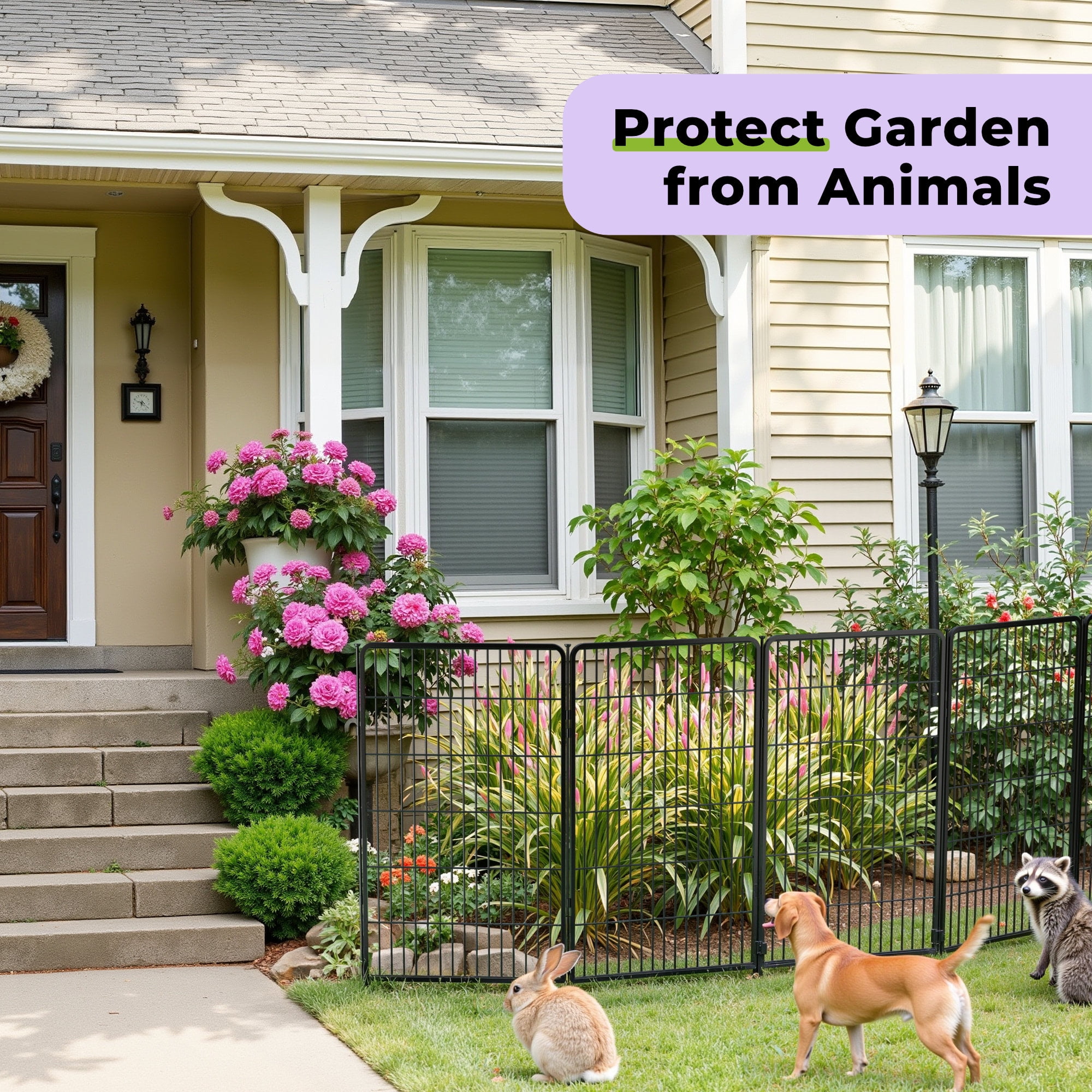 SunsGrove Decorative Garden Fence 50 in(H) x 10.2 ft(L) 4 Panels, Heavy Duty Metal Animal Barrier Fence, No Dig Fence for Dogs, Rabbit Fence for Garden, Black