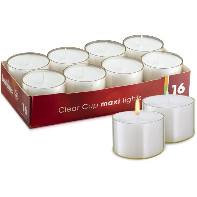 BOLSIUS Large Tea Light Candles in Clear Holder Cups Bulk 16 Set. Long