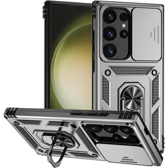 MYKOMI for Samsung Galaxy S25 Ultra Case Heavy Duty with Metal Ring Stand & Slide Camera Cover for Samsung S25 Ultra Case Silicone&PC Military Grade Protective Rugged Hard Phone Case